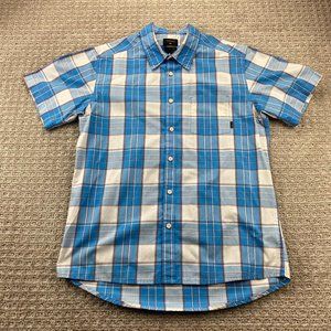 QUIKSILVER Shirt Men Medium M Blue White Plaid Button Up Modern Fit Casual Polo